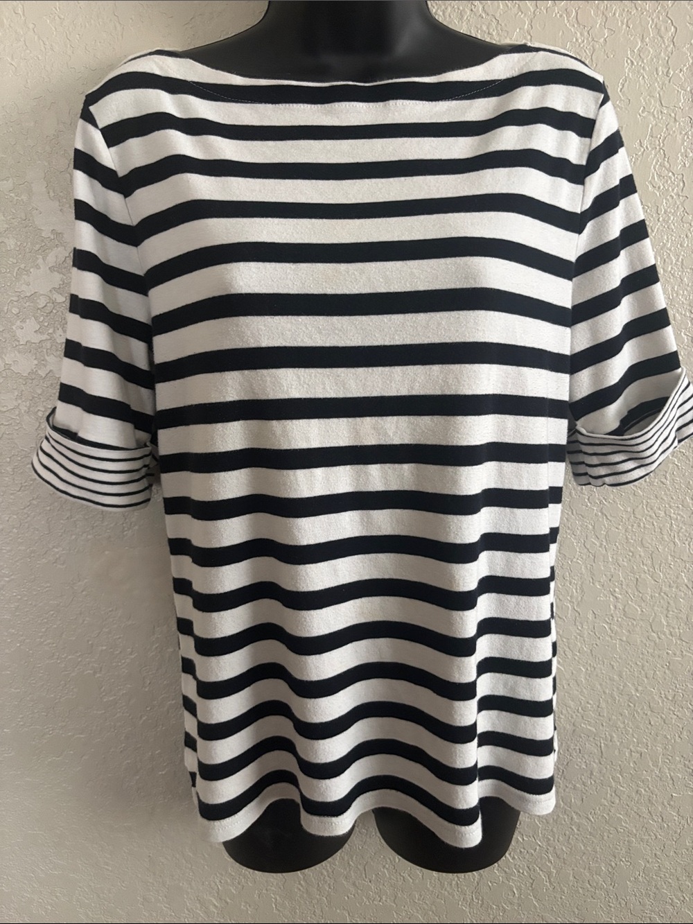 Lauren Ralph Lauren Black and White Striped Boatneck Short Sleeve Top